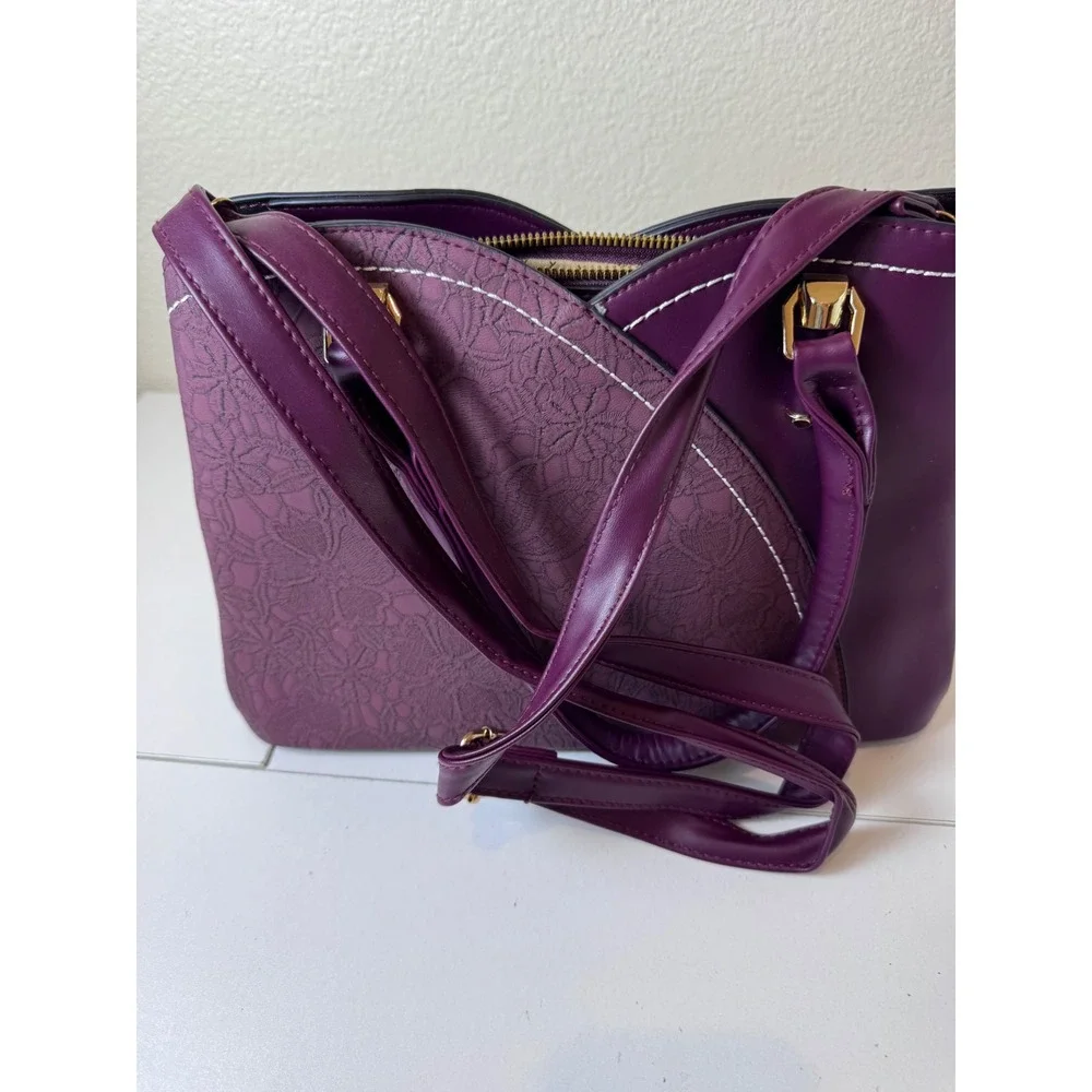 Y2K Purple Faux Leather‎ Lace Overlay Satchel Bag Women Medium Structured Chic